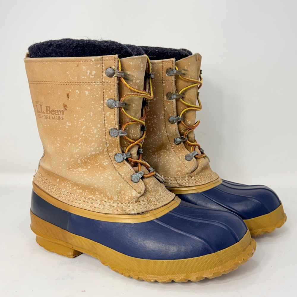 LL Bean Maine Hunting Shoe Duck Boots Navy Blue Tan Leather Felt Liners Women 8